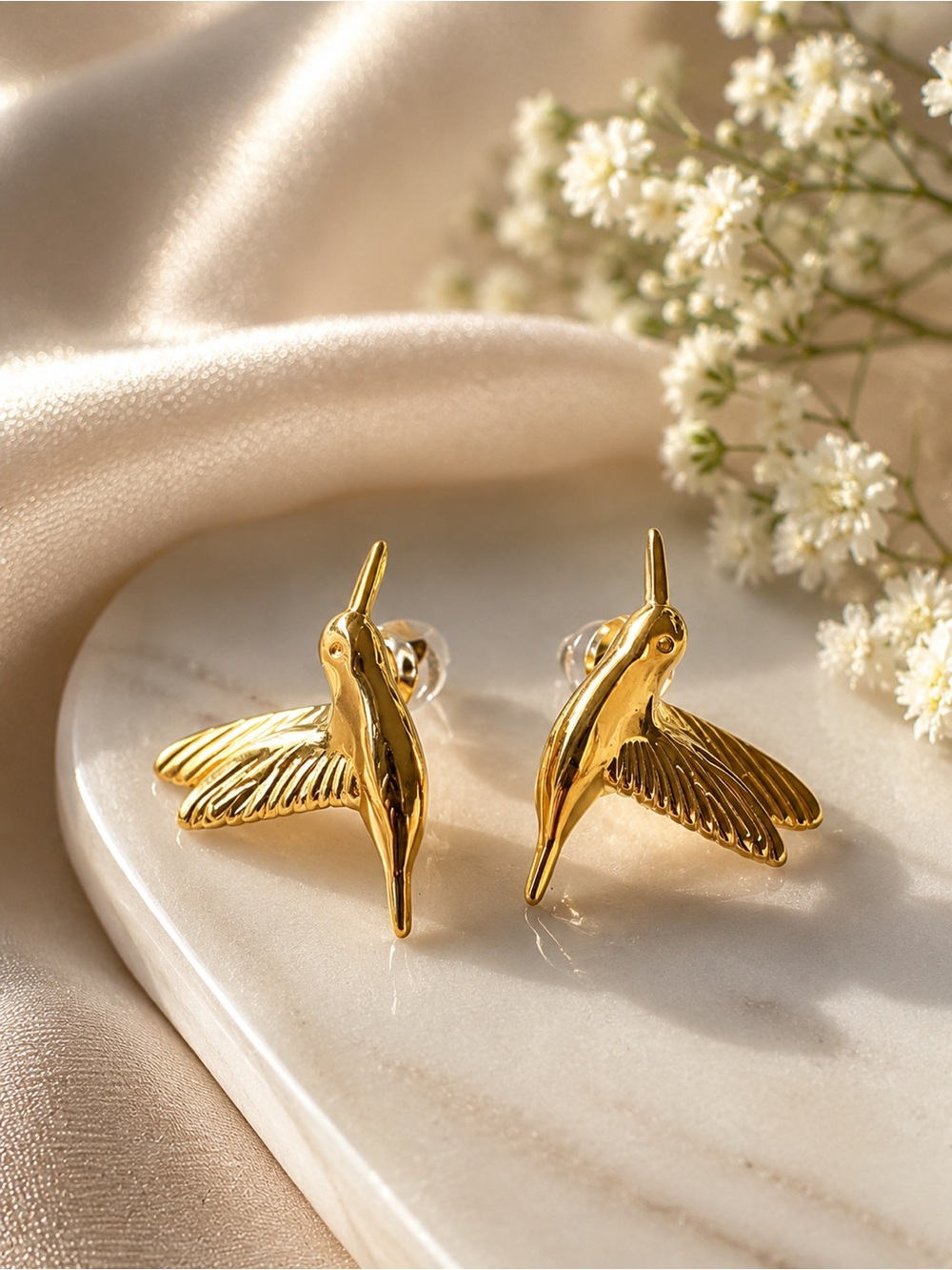 Gold Hummingbird Bird Stud Earrings